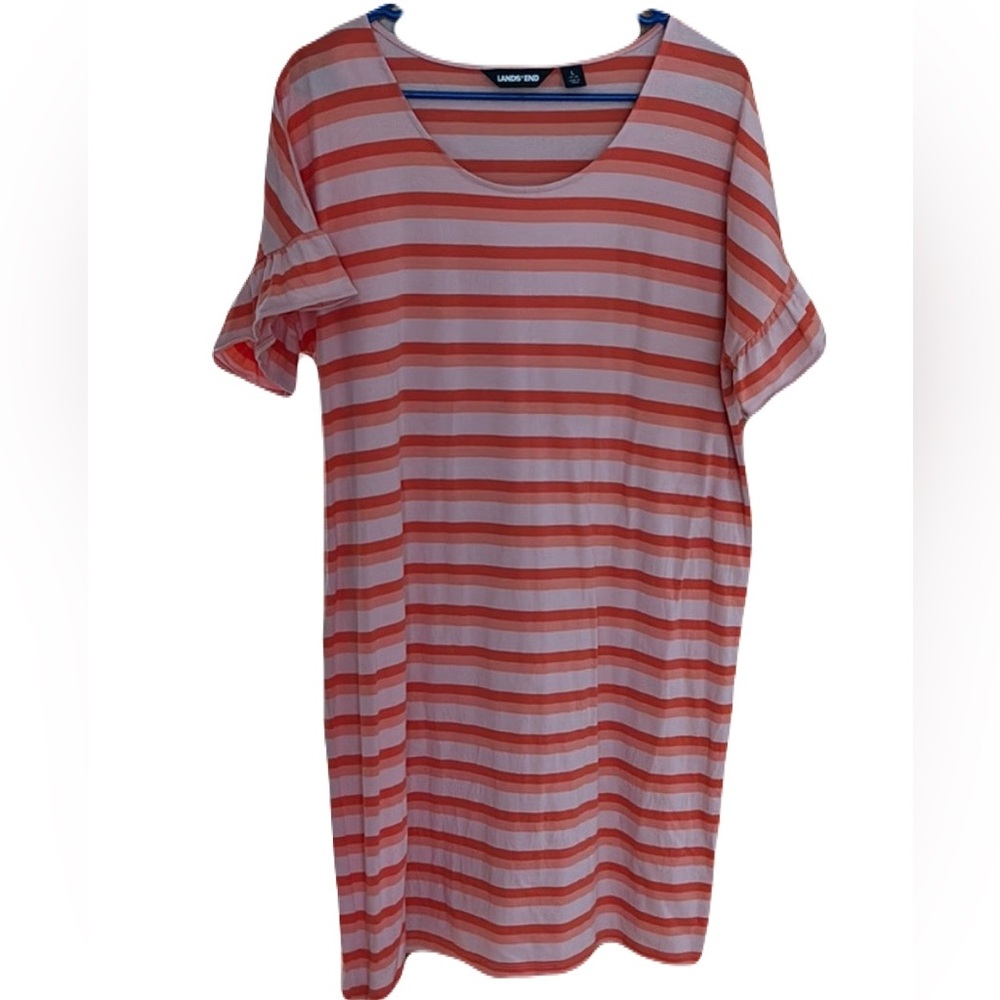 Lands' End Striped Coral White Dress Ruffle Short Sleeve Sz L-14-16